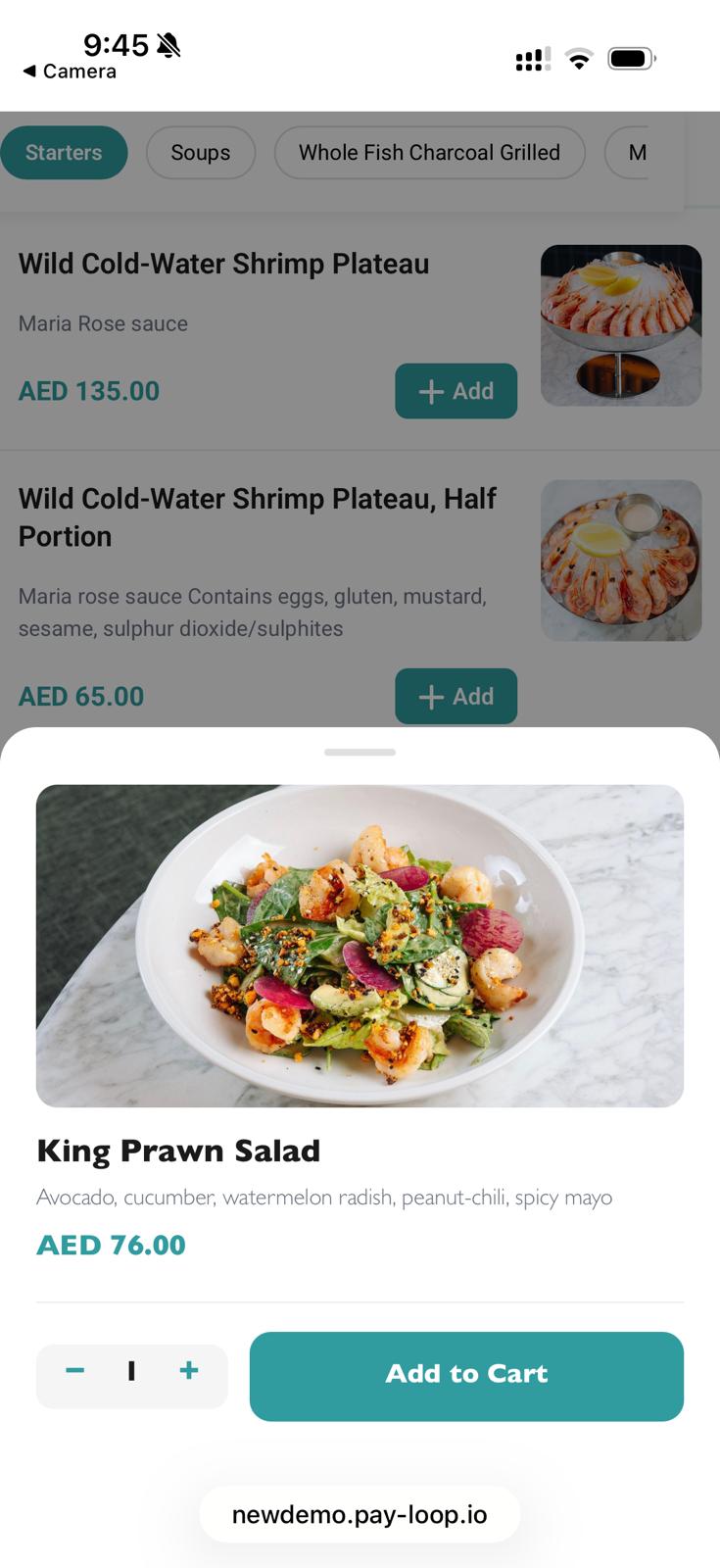 Menu item detail on guest phone